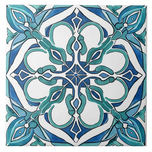 Türkis Blaues Mittelmeer Azulejo Fliese (Vorderseite)