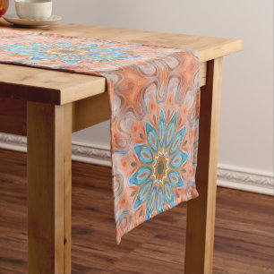 Türkis-blaues Rot-orange Mandala runder Sun Kurzer Tischläufer