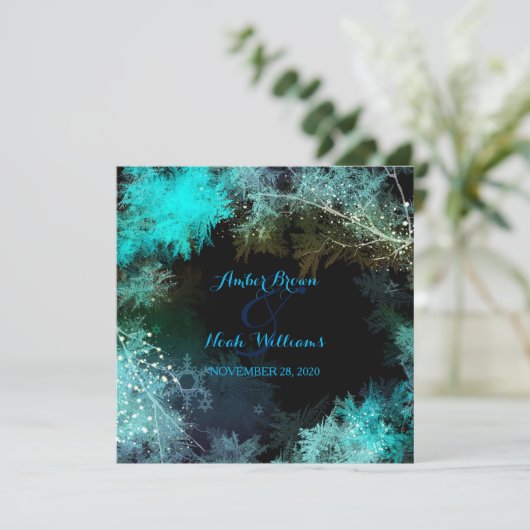 Türkis Blue Abend Forest Wedding Einladung (Stehend Vorderseite)