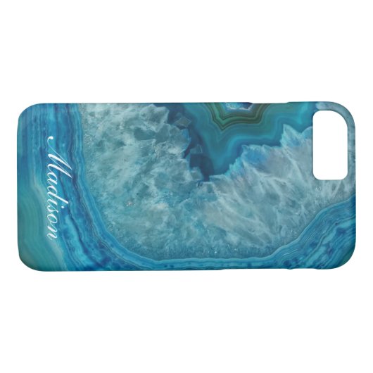 Türkis Blue Agate Geode Monogram Name Case-Mate iPhone Hülle (Rückseite (Horizontal))