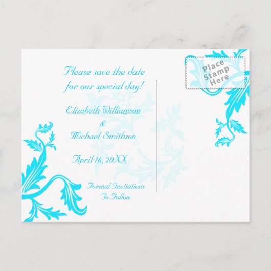 Türkis Blue Damask Leaaf Print Save the Date Ankündigungspostkarte (Rückseite)