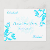 Türkis Blue Damask Leaaf Print Save the Date Ankündigungspostkarte (Vorderseite)