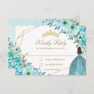 Türkis Blue Floral Quinceñera Gold Princess RSVP Karte