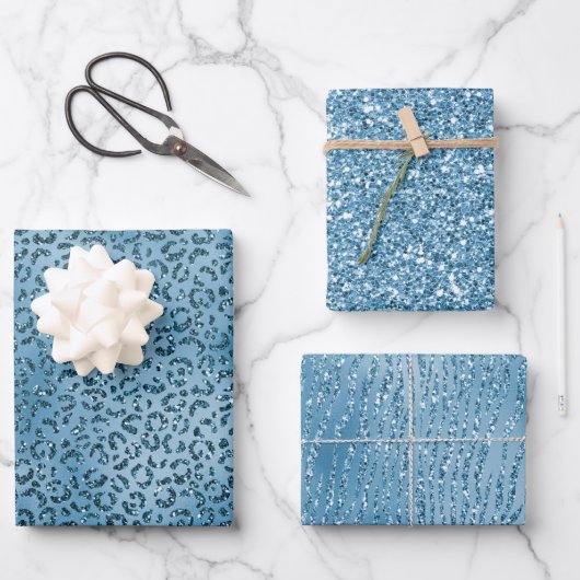 Türkis Blue Glitzer Leopard Print      Geschenkpapier Set (Vorderseite)