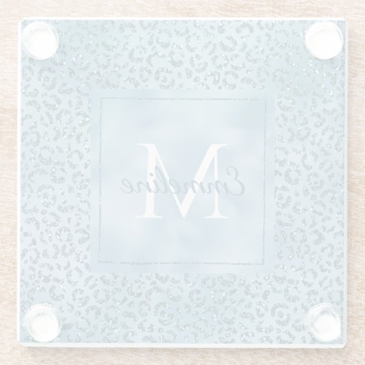 Türkis Blue Glitzer Leopard Print Monogram Glasuntersetzer (Rückseite)
