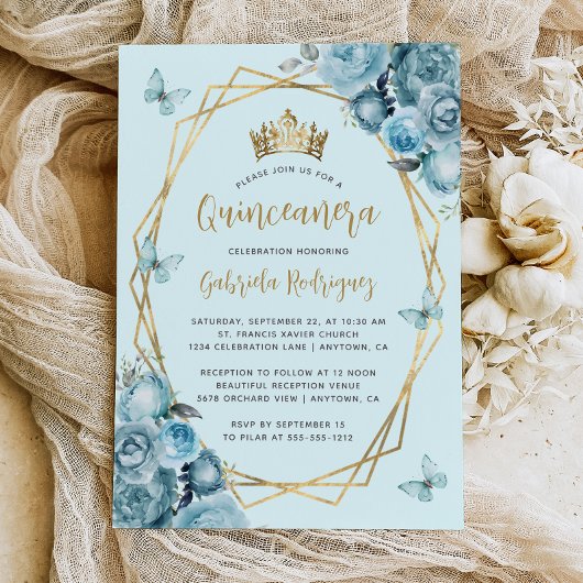 Türkis Blue Gold Geometric Floral Quinceñera Einladung