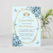 Türkis Blue Gold Geometric Floral Quinceñera Einladung (Stehend Vorderseite)