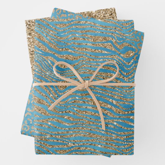 Türkis Blue Gold Glitzer Zebra Print Geschenkpapier Set (Beispiel)