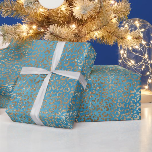 Türkis Blue Gold Leopard Print Geschenkpapier (Feiertage)