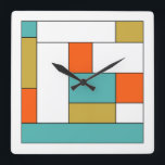 Türkis Blue Gold Orange Color Block Mid Mod Quadratische Wanduhr<br><div class="desc">Diese sagenhafte moderne Uhr aus der Mitte des Jahrhunderts besticht durch rechteckige Farbblöcke in Aquablau,  Gold,  Orange,  Weiß und Schwarz. Fügen Sie Ihrer Wand etwas Spaß hinzu!</div>