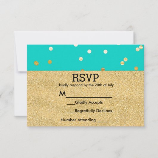 Türkis Blue & Gold Shiny Confetti Dots UAWG RSVP Karte (Vorderseite)