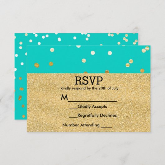 Türkis Blue & Gold Shiny Confetti Dots UAWG RSVP Karte (Vorne/Hinten)