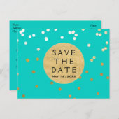 Türkis Blue & Gold Shiny Confetti Save the Date Ankündigungspostkarte (Vorne/Hinten)