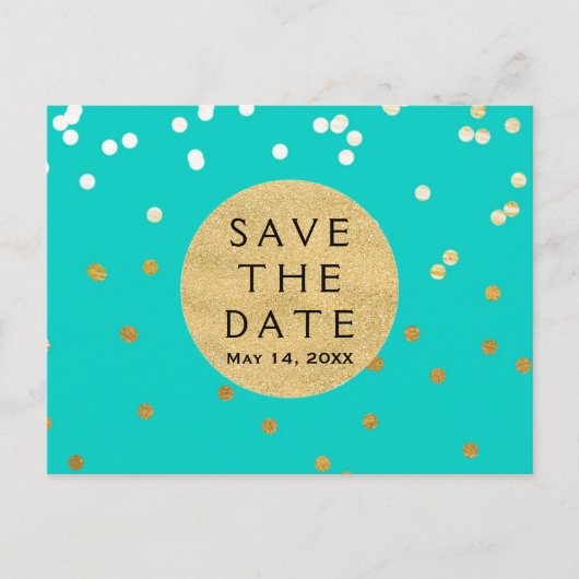 Türkis Blue & Gold Shiny Confetti Save the Date Ankündigungspostkarte (Vorderseite)