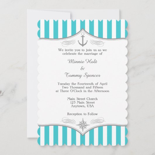 Türkis Blue Gray Nautical Wedding Einladung (Vorderseite)