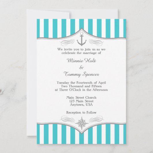 Türkis Blue Gray Nautical Wedding Einladung (Vorderseite)