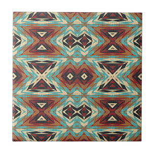 Türkis Blue Green Brown Orange Ethnic Stamm Art Fliese