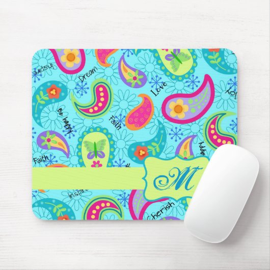 Türkis Blue Green Modern Paisley Monogram Mousepad (Mit Mouse)