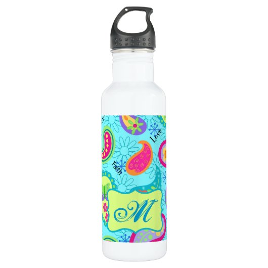 Türkis Blue Green Modern Paisley Monogram Trinkflasche (Vorderseite)