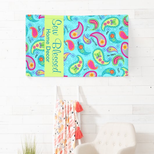 Türkis Blue Lime Green Modern Paisley Pattern Banner (Insitu)