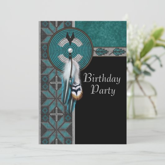 Türkis Blue Native American Birthday Party Einladung (Stehend Vorderseite)