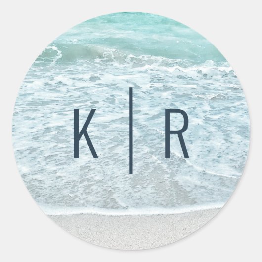 Türkis Blue Ocean Sandy Beach Monogram Wedding Runder Aufkleber (Vorderseite)