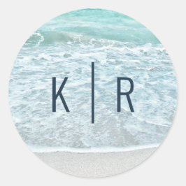 Türkis Blue Ocean Sandy Beach Monogram Wedding Runder Aufkleber