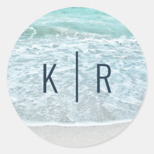 Türkis Blue Ocean Sandy Beach Monogram Wedding Runder Aufkleber