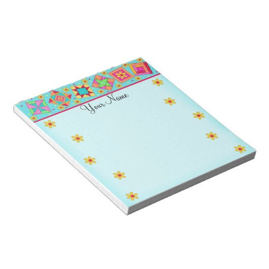 Türkis Blue Patchwork Quilt Block Art Notizblock (angewinkelt)