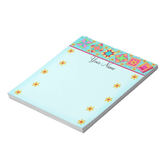 Türkis Blue Patchwork Quilt Block Art Notizblock (Rotiert)