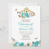 Türkis Blue Rose Golden Tiara Butterfly Quince Einladung (Vorderseite)