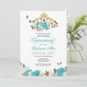 Türkis Blue Rose Golden Tiara Butterfly Quince Einladung (Stehend Vorderseite)