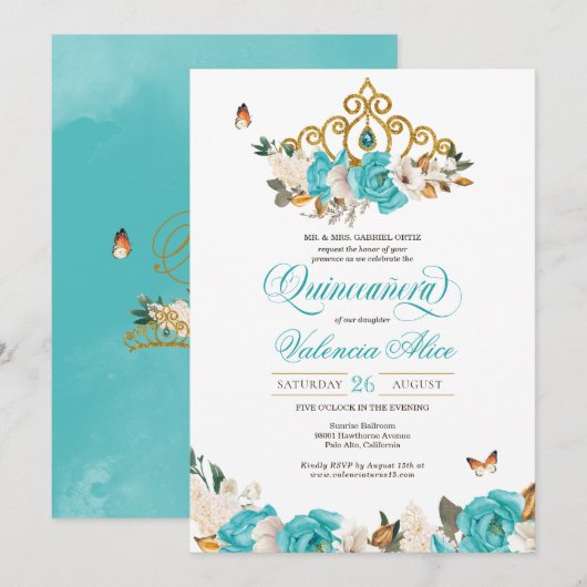 Türkis Blue Rose Golden Tiara Butterfly Quince Einladung (Vorne/Hinten)