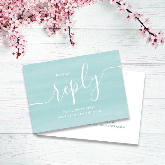 Türkis Blue Script Wedding RSVP Karte