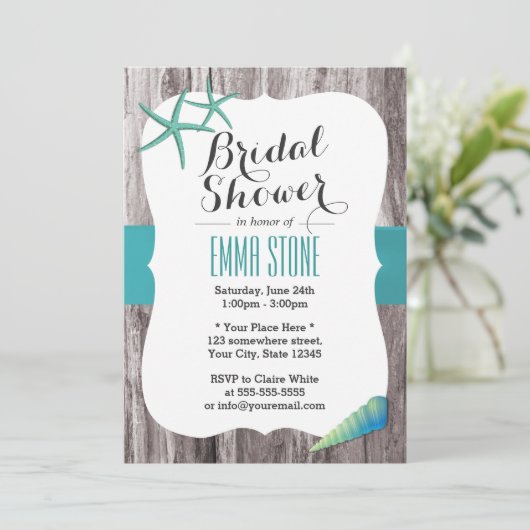 Türkis Blue Seashells Beach Brautparty Einladung (Stehend Vorderseite)