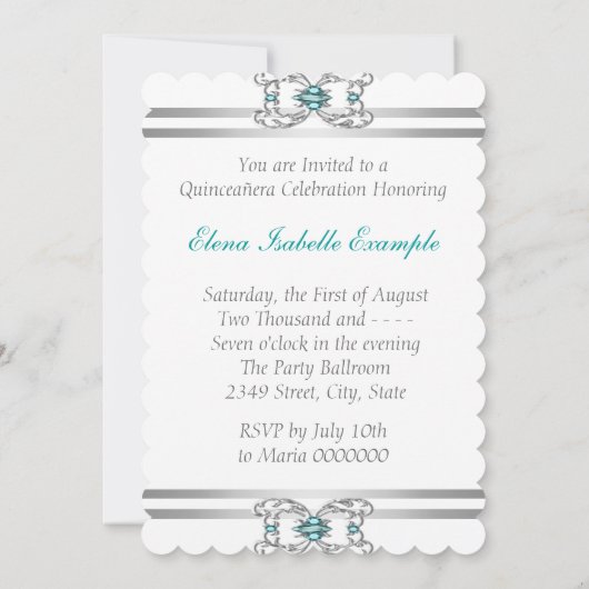 Türkis Blue Silver Quinceanera Einladung (Rückseite)