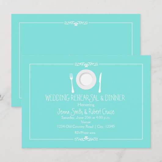Türkis Blue Wedding Probe Dinner Einladung (Vorne/Hinten)
