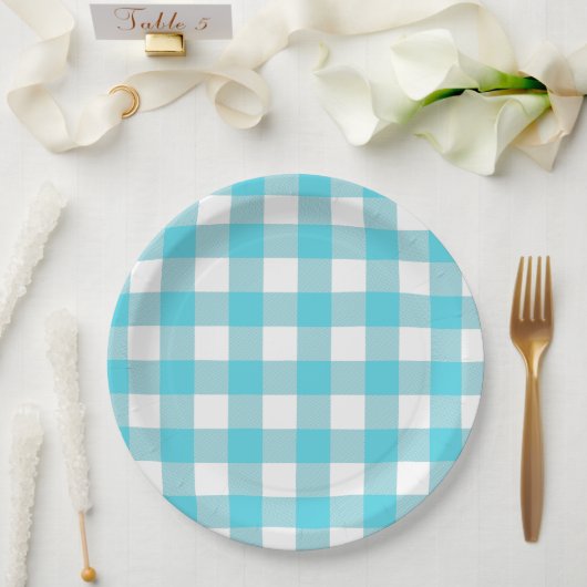 Türkis Blue & White Gingham Summer Picnic Pappteller (Hochzeit)