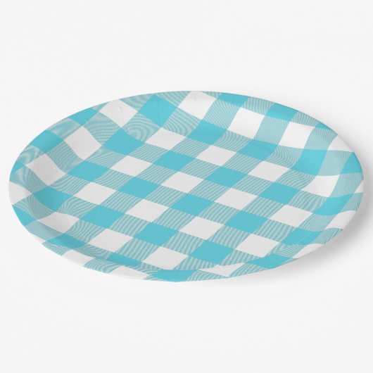 Türkis Blue & White Gingham Summer Picnic Pappteller (Schrägansicht)