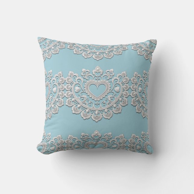 Türkis Blue White Lace Heart Wedding Bridal Kissen (Vorderseite)