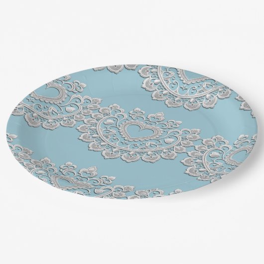 Türkis Blue White Lace Heart Wedding Bridal Pappteller (Schrägansicht)