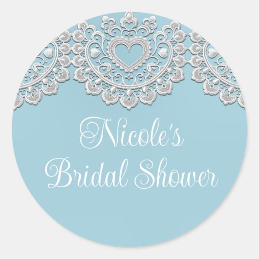 Türkis Blue White Lace Heart Wedding Bridal Runder Aufkleber (Vorderseite)