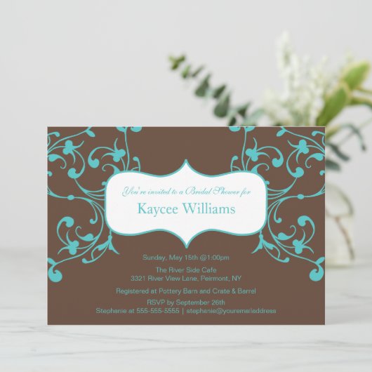 Türkis Blüh Bridal Dusche Einladung (Stehend Vorderseite)