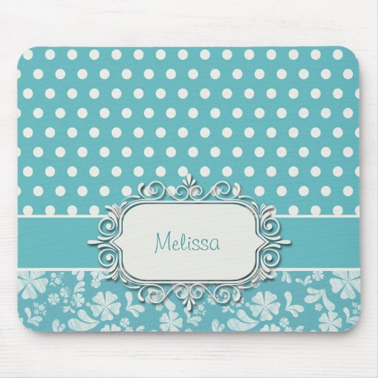 Türkis-Blumen und Polka-Punkte Mousepad (Vorne)