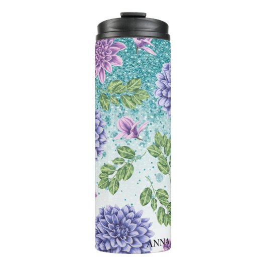 *~* Türkis Blumensukkulter Glitzer Girly Thermosbecher (Vorderseite)