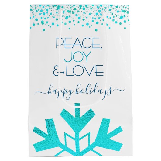 Türkis Bold Snowflake Peace Joy Liebe Typografie Mittlere Geschenktüte (Rückseite)