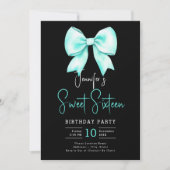 Türkis Bow Coquette Script Sweet 16 Black Einladung (Vorderseite)