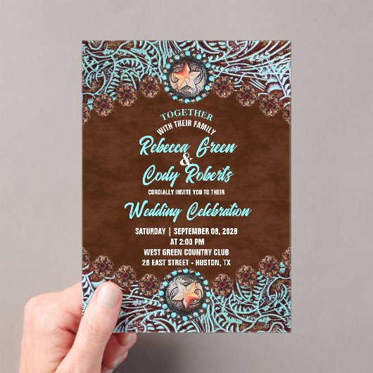 Türkis Brown Cowboy Country Western Hochzeit Acryleinladungen (Insitu (Handheld))