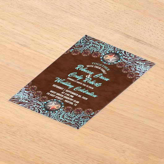 Türkis Brown Cowboy Country Western Hochzeit Acryleinladungen (Ablage )