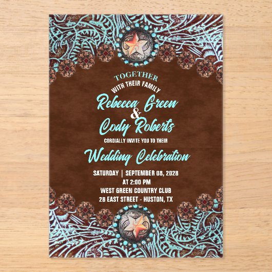 Türkis Brown Cowboy Country Western Hochzeit Acryleinladungen (Vorderseite)
